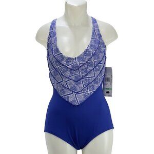 GABOR Women's Swimsuit 1 Piece Blue White Geometric Hydrofinity Fabric Size 8